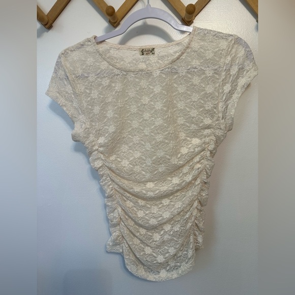 Free People Intimately Keep It Simple Lace/Ruched Baby Tee Ivory Small EUC - Picture 2 of 5